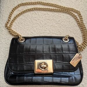 Coach Black Croc-Embossed Crossbody Bag with Gold Chain